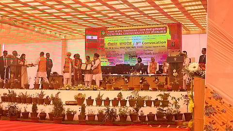 National Security Advisor (NSA) Ajit Doval being honoured with Doctor of Literature (D.Litt.) by former president Ram Nath Kovind, at Central University of Punjab in Bathinda, on March 19, 2024.