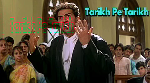 The dialogue is from 1993 Hindi movie Damini by Sunny Deol