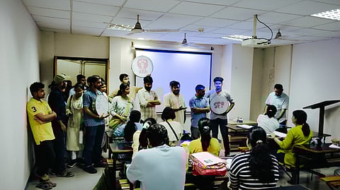 The protesting JNUSU went to classes, seeking support.