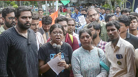Junior doctors stage protest at Swasthya Bhawan over RG Kar Hospital rape-murder case, in Kolkata