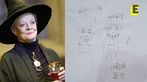 Tarun's drawing of Professor McGonagall and Harry Potter from Class III