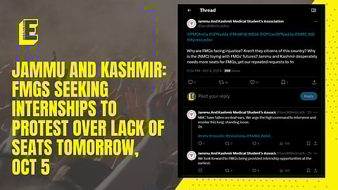 Jammu and Kashmir: FMGs seeking internships to protest over lack of seats tomorrow, Oct 5