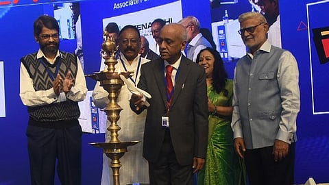 NHRC Chairperson V Ramasubramanian inaugurates the 13th edition of ThinkEdu Conclave 2025 in Chennai by lighting the lamp on Monday; (from left) SASTRA University V-C S Vaidhyasubramaniam, Dinamani Editor K Vaidiyanathan, TNIE CEO Lakshmi Menon and Editorial Director Prabhu Chawla are seen.