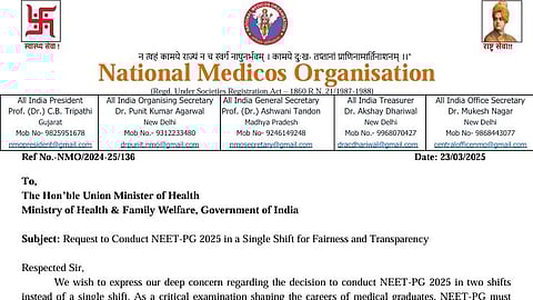 NMO appeals to the Union Health Ministry, demanding NEET-PG 2025 be conducted in one shift to avoid normalisation issues