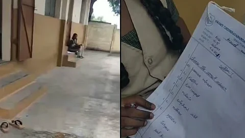 Visuals from the viral video show the student seated outside the classroom, forced to write the exam without a table or chair