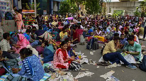 School teachers stage a protest in front of WBSSC office in Kolkata