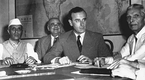 Pandit Jawaharlal Nehru (left), Sir Cyril Radcliffe (centre) and Muhammad Ali Jinnah (right)