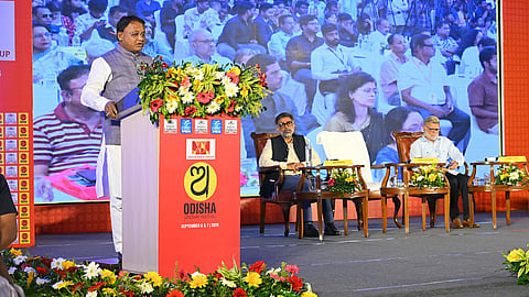 CM Mohan Majhi speaks at the inaugural session of OLF in Bhubaneswar on Saturday.
