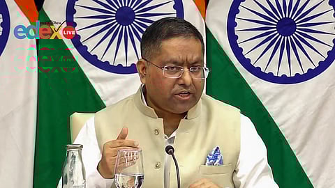 MEA spokesperson Randhir Jaiswal addresses a press briefing in New Delhi