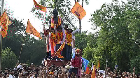 ABVP's Aryan Maan, Kunal Chaudhary, Deepika Jha, NSUI's Rahul Jhansla and others celebrate their victory in the 2025 Delhi University Students' Union polls.
