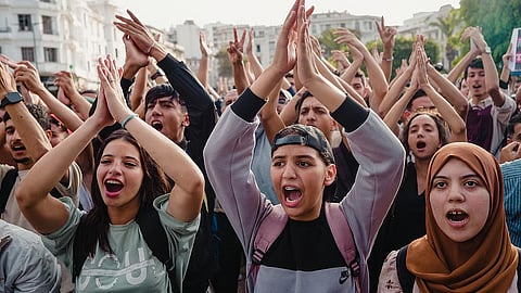 People protest against corruption and calling for healthcare and education reform, in Casablanca, Morocco, Thursday, Oct. 2, 2025