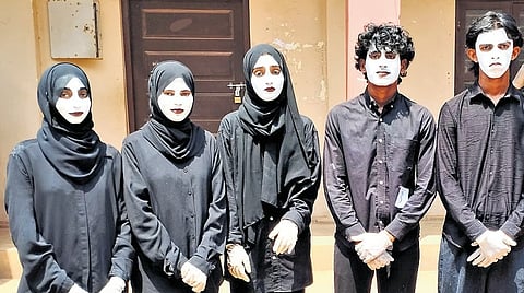 Students who performed Pro-Palestine mime at Kumbla GHSS on Monday