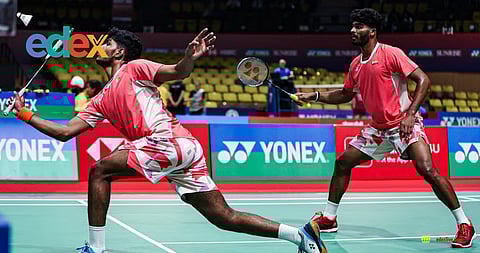 India's Bhargav Ram Arigela (L) & Viswa Tej Gobburu of India during the semifinal tie against Indonesia