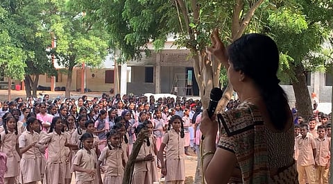 Usha Ramakrishnan addressing government school students in Kallakurichi on October 13