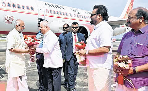 Governor Rajendra Vishwanath Arlekar receiving Vice-President of India C P Radhakrishnan at Thiruvananthapuram airport on Monday.