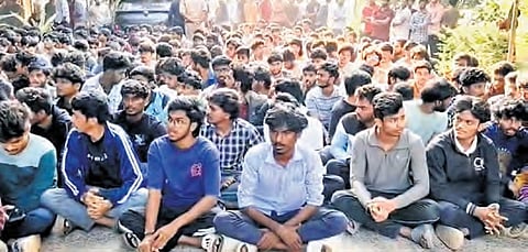 Students of RGUKT stage a dharna in Srikakulam district on Thursday