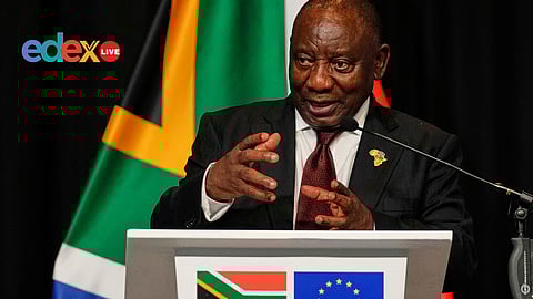 South African President Cyril Ramaphosa speaks during the media conference after meeting EU leaders in Johannesburg, South Africa, Thursday, Nov. 20, 2025