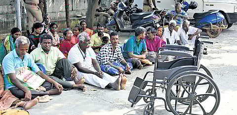 Members of the Disabilities Social Justice Movement protesting outside the Commissionerate for the Differently Abled in Chennai.
