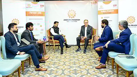 Minister for IT Nara Lokesh during meeting with Creativeland founder Sajan Raj Kurup in USA on Tuesday.