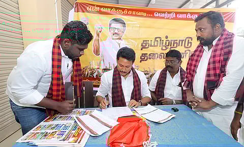 School Education Minister and Tiruchy South DMK district secretary Anbil Mahesh Poyyamozhi during En Vaakkusavadi Vetri Vaakkusavadi campaign in Manapparai on Monday: