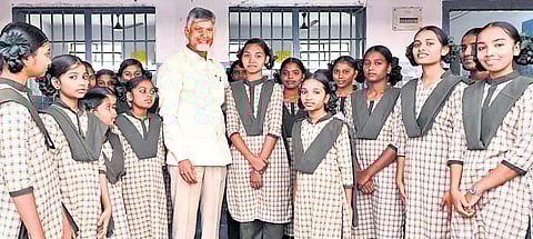 Chief Minister N Chandrababu Naidu interacts with students of Social Welfare Residential School in Anakapalle district.
