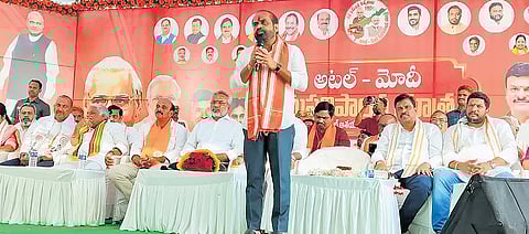 Health Minister Satya Kumar addressing a meeting on the occasion of the unveiling of the statue of former PM Vajpayee in Kakinada on Sunday.