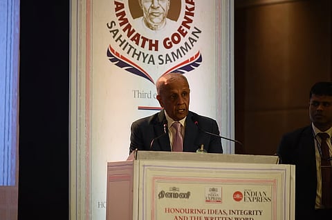 Manoj Kumar Sonthalia, Chairman and Managing Director of The New Indian Express Group addressing the third edition of Ramnath Goenka Sahitya Samman.