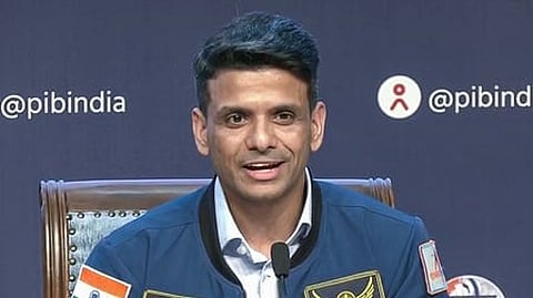 Group Captain Shubhanshu Shukla address an ISRO Press Meet, at National Media Centre, in New Delhi.