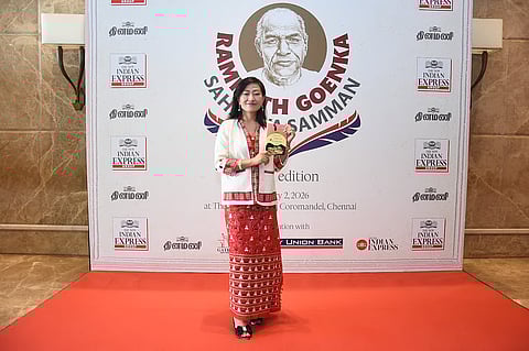 Author Subi Taba, is adjudged winner of Best Fiction, at the third Ramnath Goenka Sahithya Samman in Chennai on Jan 2, 2026