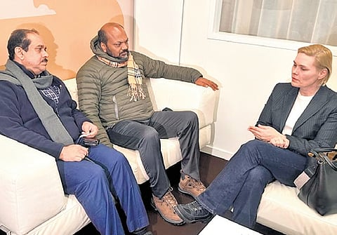 Minister P Rajeeve and Additional Chief Secretary (Industries) A P M Mohammed Hanish meeting Malgorzata Mroczkowska-Horne, Director General of the Polish Confederation Lewiatan on the sidelines of the World Economic Forum annual meeting in Davos