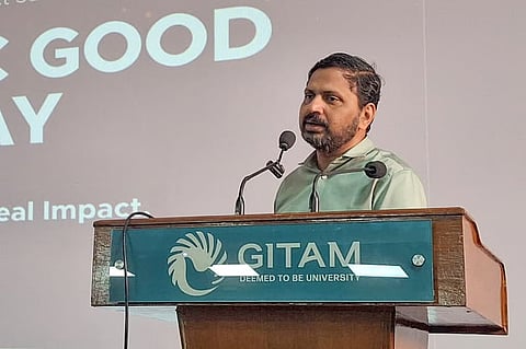 Katamaneni Bhaskar, Secretary of the Information Technology, Electronics, and Communications (ITE&C) Department, addressing the "TechBharat: AI for Public Good" summit held at GITAM Deemed to be University in Visakhapatnam on Wednesday.