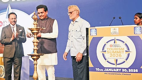 Delhi Tourism Minister Kapil Mishra lighting the lamp at the summit in Chennai on Friday. Director General for Tourism Suman Billa, TNIE Editorial Director Prabhu Chawla are also seen