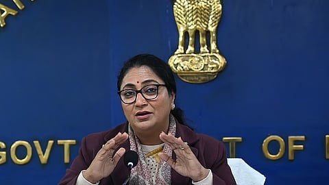 Delhi Chief Minister Rekha Gupta addressing a press conference at the Delhi Secretariat in New Delhi on February 02, 2026.
