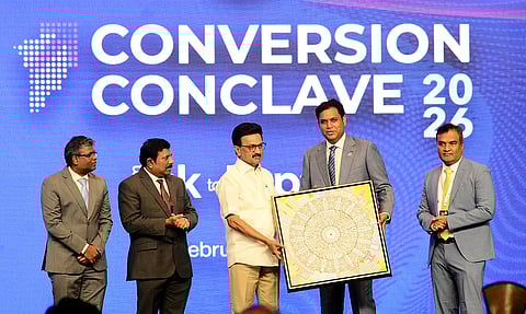 CM MK Stalin, releasing the scorecard of various investments during the Conversion Conclave 2026 from Ink to Impact, held at ITC Grand Chola. Also seen TRB Rajaa, Minister for Industries, Chief Secretary, Muruganandam, Industry Secretary Arun Roy and business leaders.