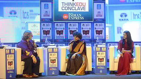 Singer Kavya Ajit (middle) and international Silambam champion Aishwarya Manivannan (right) attending a session at the 14th ThinkEdu Conclave in Chennai.