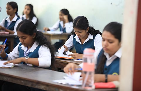 Students appear for the Plus two examination at Cottan Hill Higher Secondary School in Thiruvananthapuram.