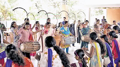 The 75-member all-women panchavadhyam team from Edappal.