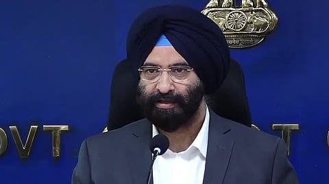 Delhi's Environment Minister Manjinder Singh Sirsa addresses a press conference in New Delhi.