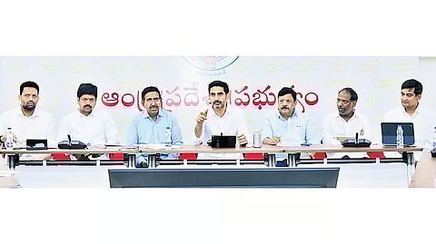 Minister for HRD and IT Nara Lokesh addressing the Cabinet Sub-Committee meeting at his residence in Undavalli on Tuesday