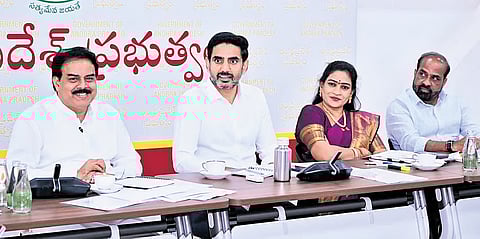 HRD and IT Minister Nara Lokesh chairs the Group of Ministers meeting on social media ban for children at his Undavalli residence on Thursday.