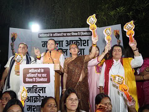 Uttarakhand CM Dhami leads 'Mahila Aakrosh Mashaal Rally' in Dehradun