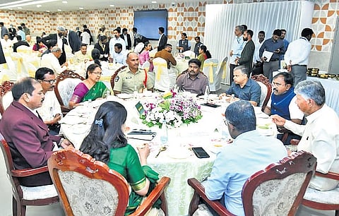 CM Chandrababu Naidu addressing a review meeting on education sector at the Secretariat on Thursday. (R) Naidu at a dinner hosted by him for Ministers, Secretaries and HoDs at the CRDA office in Amaravati.
