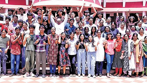Students celebrating at Christ Nagar Central School at Kowdiar after the ICSE, ISC examinations results were announced on Thursday