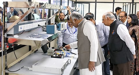 IT/BT Minister Priyank Kharge inspects equipment at the Centre of Excellence for Space Technology on Friday