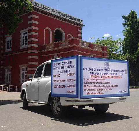 A car doing the rounds at College of Engineering, Chennai, to spread awareness about ragging