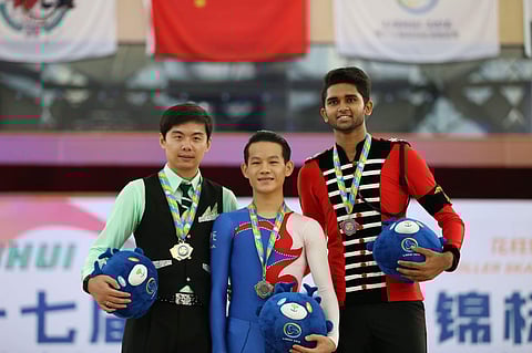 Arun Sathianarayanan after winning the bronze medal at 17th Asian Roller Skating Championship last year