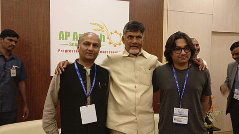 Agarwalla and his father with the CM of AP, Chandrababu Naidu, at the AP AgTech Summit 2017