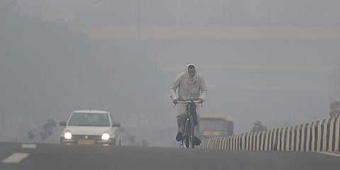 A cyclist rides through heavy haze in New Delhi