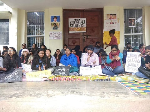 Rohith Vemula's mother Radhika Vemula and brother Raja with the students at the Hyderabad campus. (Pic: Krishnannath C)