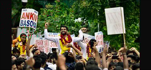 Baisoya, an MA student from DU's Department of Buddhist Studies, shot to power by winning 20,457 votes and was the poster boy for the party (Pic: Twitter/AbVP)